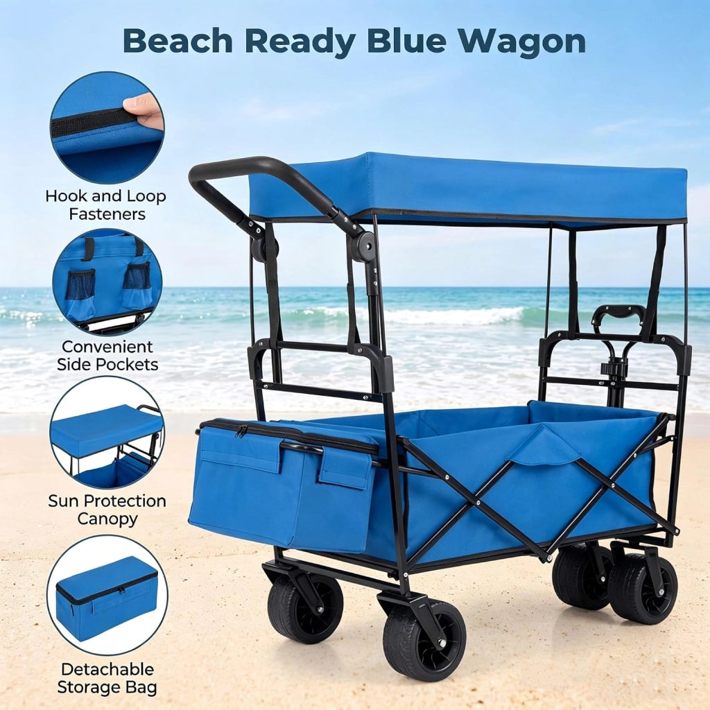 Carrello Spiaggia Pieghevole con Tetto, Carrello da Trasporto con Ruote Grandi e Borsa Portatutto, Carrello da Campeggio e Giardino, in Acciao Resistente, Chiusura Rapida, 100 KG, 100L (Blu)