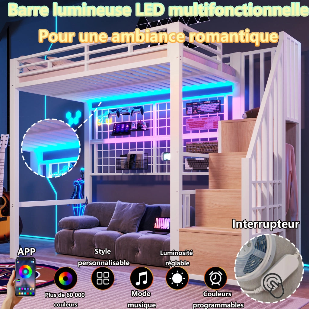 Letto a soppalco in metallo 90x200 cm con guardaroba; scala contenitore; barre appendiabiti; LED 7 colori e spazio aperto; bianco