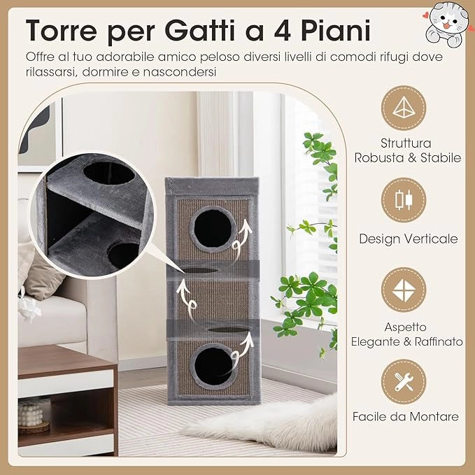 Casa per Gatti a 4 Piani, Condominio per Gatti Alto 99 cm con Trespoli per Graffiare, 3 Nascondigli e 4 Morbidi Cuscini in Peluche, Mobili per Gatti Moderni a Forma di Barile