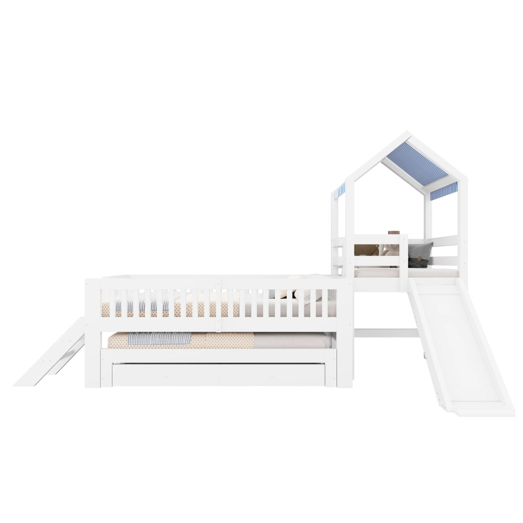 Letto per bambini a casetta 90 × 200 cm con letto estraibile, scivolo, scala laterale e cassetti, senza materasso, bianco