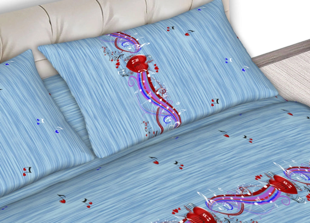 Completo Lenzuola Letto In 100% Cotone Made In Italy Disegni Assortiti C.N - Piazza E Mezza - Note Azzurro