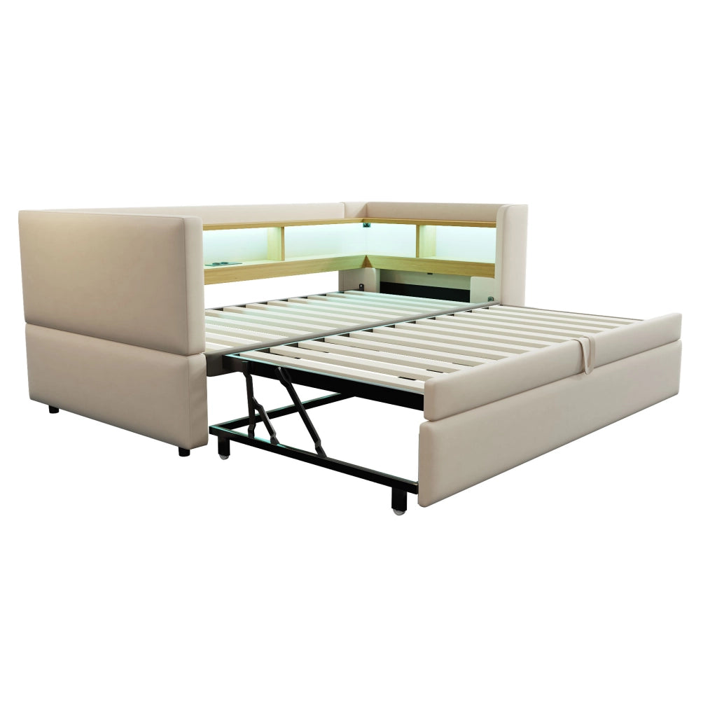 Divano letto imbottito multifunzione con vani contenitore, LED, prese e struttura in metallo, beige, 90/180 x 190 cm