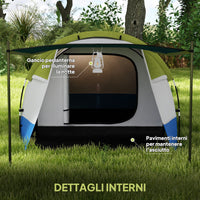 Tenda da Campeggio Impermeabile 420x200x150 cm con 2 Aree e 3 Ingressi in Poliestere e Fibra di Vetro Verde