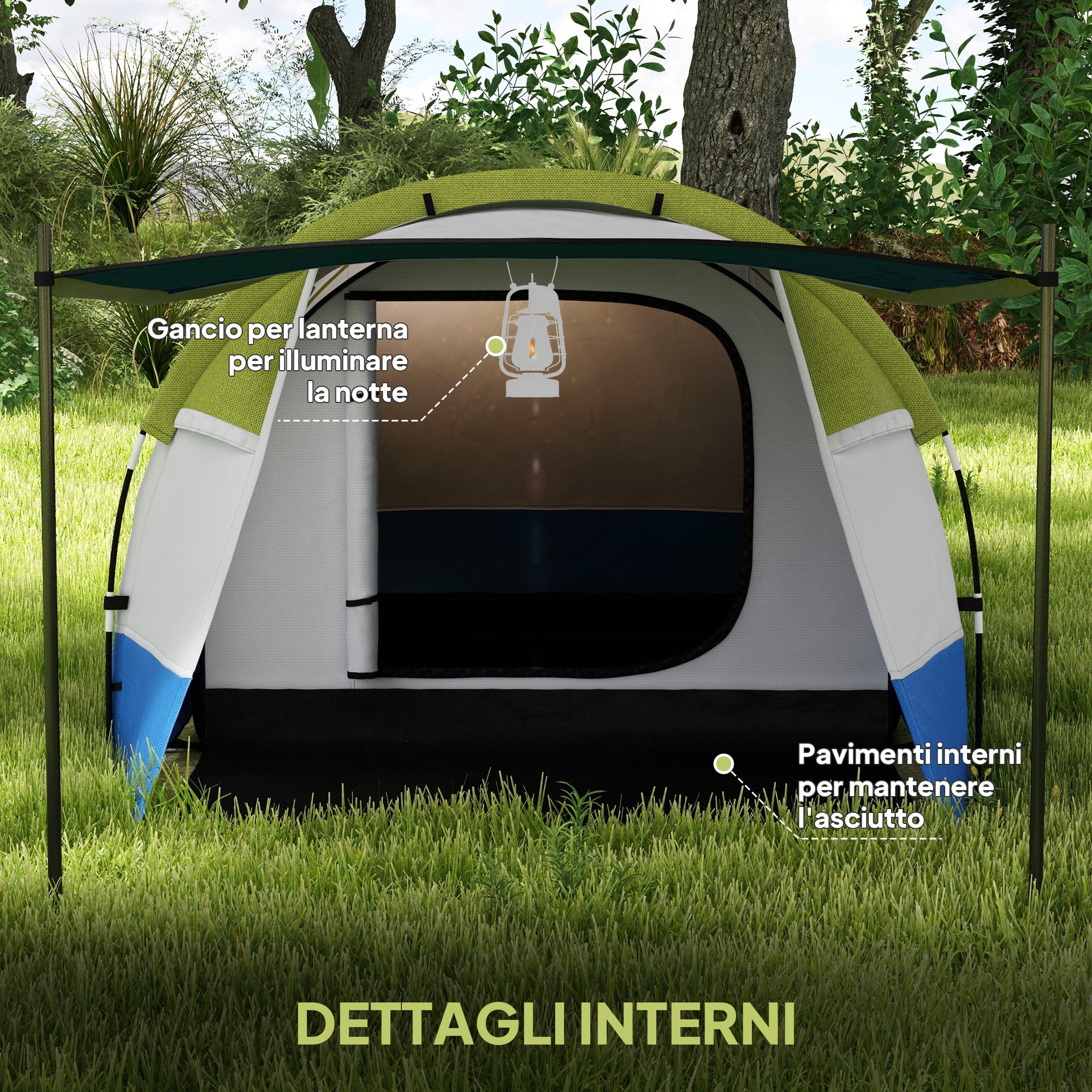 Tenda da Campeggio Impermeabile 420x200x150 cm con 2 Aree e 3 Ingressi in Poliestere e Fibra di Vetro Verde