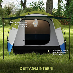 Tenda da Campeggio Impermeabile 420x200x150 cm con 2 Aree e 3 Ingressi in Poliestere e Fibra di Vetro Verde