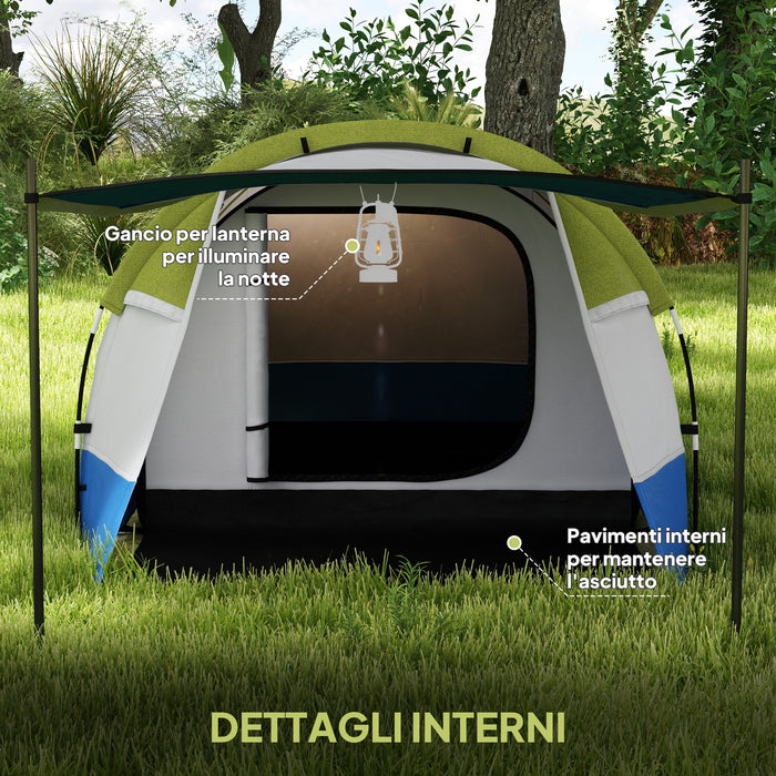 Tenda da Campeggio Impermeabile 420x200x150 cm con 2 Aree e 3 Ingressi in Poliestere e Fibra di Vetro Verde