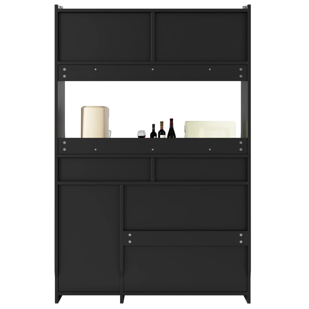 Credenza Alta da Cucina con 2 Cassetti e Ripiani Regolabili con LED per Cucina in MDF e Pannelli di Particelle Nero 120x40x180 cm