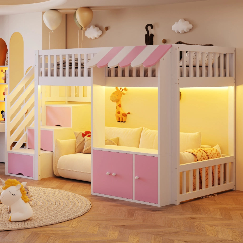 Letto a soppalco 90x200 cm rosa con scala contenitore e LED