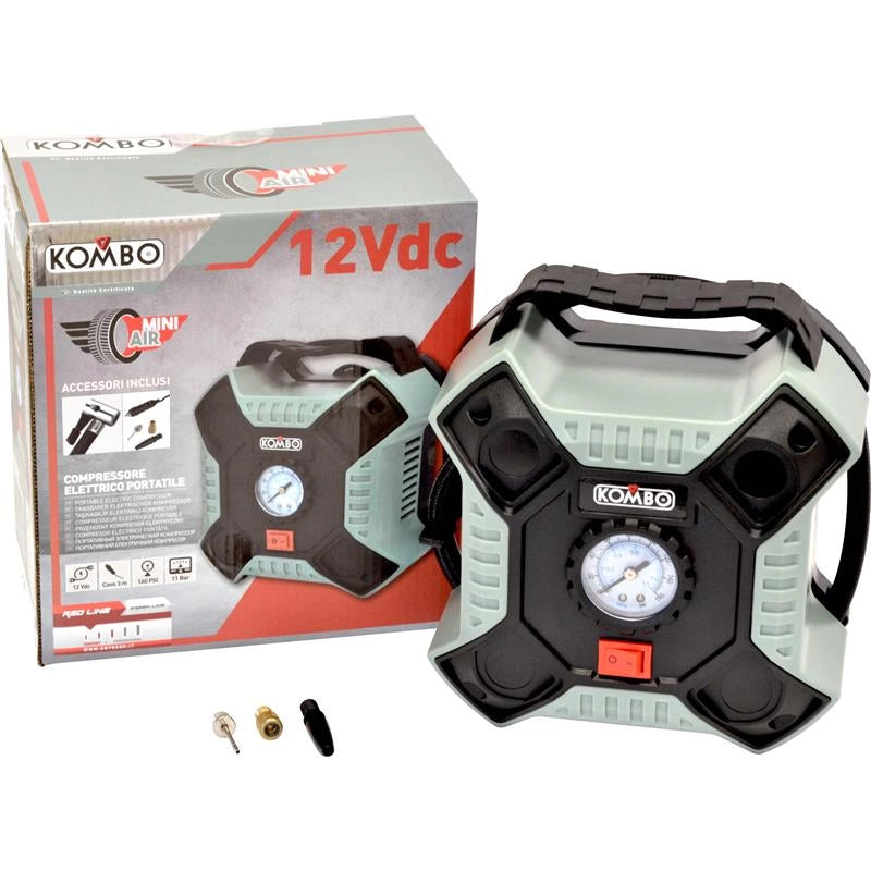 COMPRESSORE ELETTRICO PORTATILE  DA 12V CON 3 ADATTATORI E CAVO DA 3 MT PRESSIONE MAX: 160PSI/11BAR  OKP