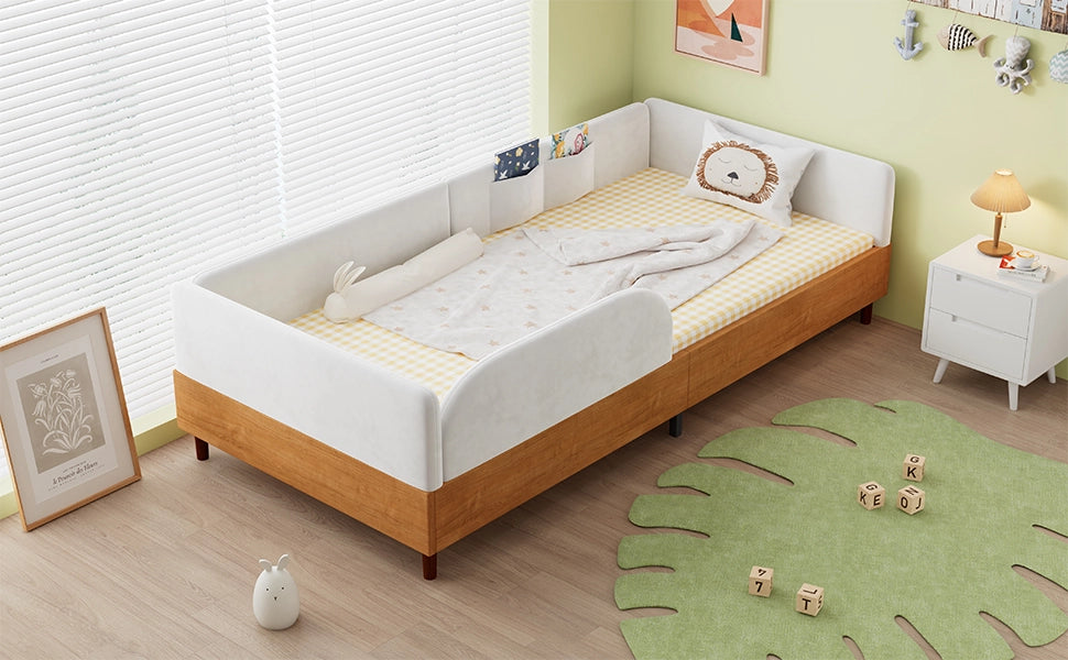 Letto singolo imbottito in velluto e legno 90x200 bianco 2 tasche bordo antiurto