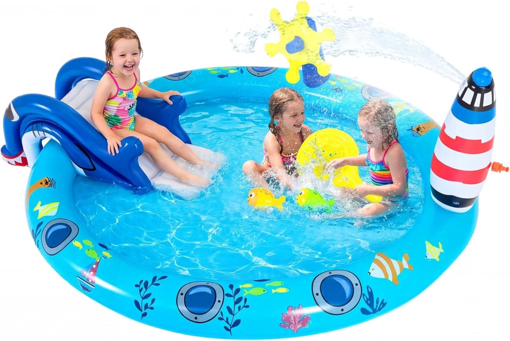 Piscina Gonfiabile per Bambini, Piscinetta Fuori Terra a Tema Marino con Spruzzo, Scivolo e 2 Pesciolini Giocattolo, Parco Gioco Acquatico Esterno per Giardino e Cortile, per Bambini 2-6 Anni
