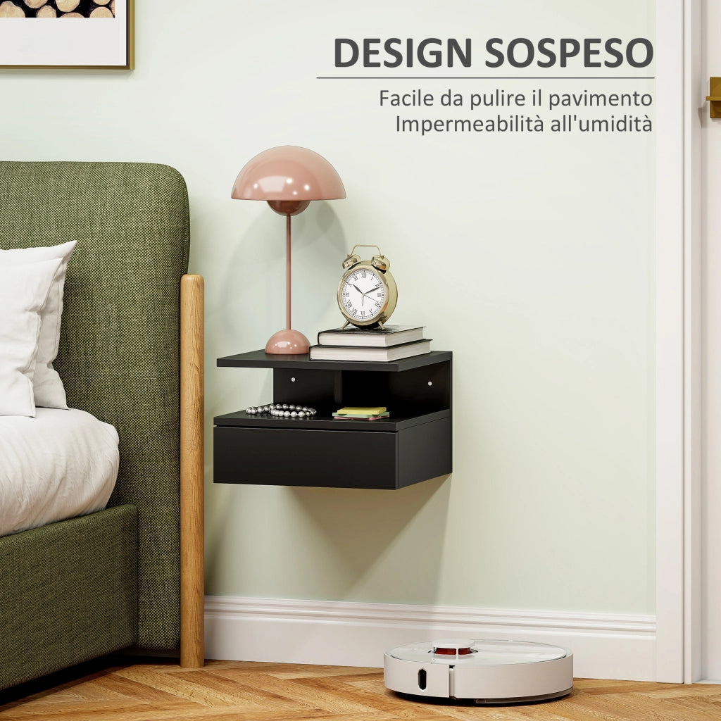 Comodino Sospeso per Camera da Letto con Cassetto e Mensola in Legno, 35x32x22.5cm, Nero