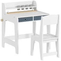 Scrivania e Sedia per Bambini con 2 Cassetti, Ripiano Superiore e Porta-bicchieri, 62,8x55,6x73,8 cm, Bianco