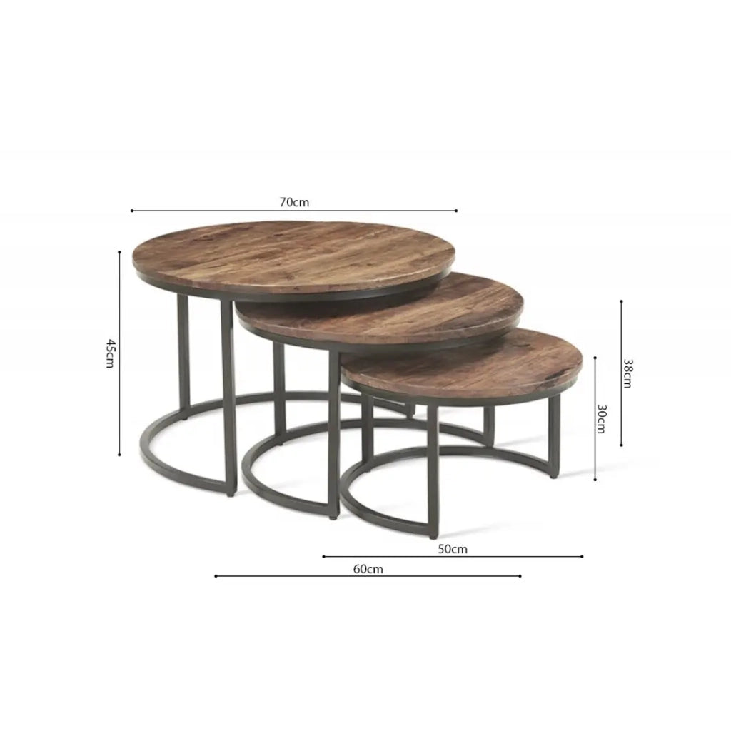 Table bassa ARNOLD – Set di 3 tavolini nidificati rotondi – Marrone legno e metallo – Stile contemporaneo