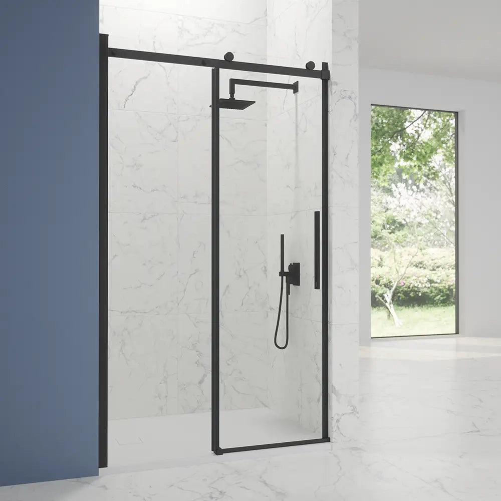 Porta doccia 110cm apertura scorrevole profili nero opaco vetro 8mm trasparente h195 | Creta