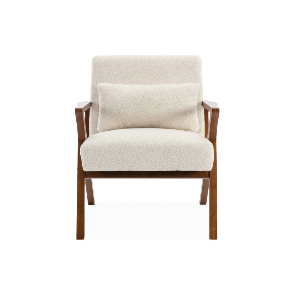 Poltrona scandinava in legno di hevea e bouclé, bianco