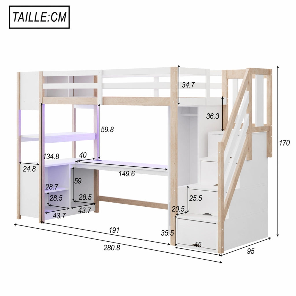 DESMIU Letto a soppalco singolo con scrivania, armadio, scala contenitore e LED, 90 × 200 cm, senza materasso