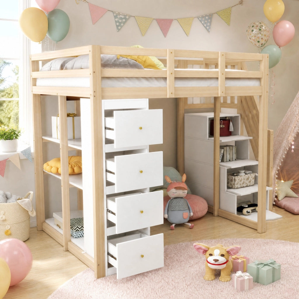 DESMIU Letto a soppalco 140 × 200 cm con 4 cassetti, ripiani e scala, senza materasso, legno naturale e bianco