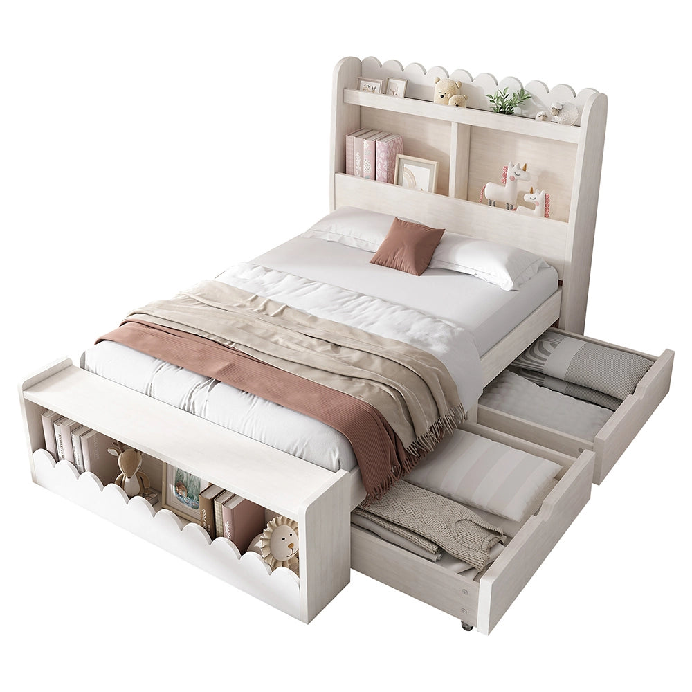 Letto bambino con cassetti e panca - Xylo - 90x200 cm - Bianco