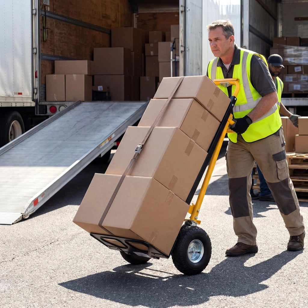 Carrello a Mano 3 in 1, Carrello Pieghevole Trasportatore in Acciaio con Ruote in Gomma Pneumatiche e Manico Ergonomico, Carico 136 kg, per Uso Domestico, Industriale e Magazzino