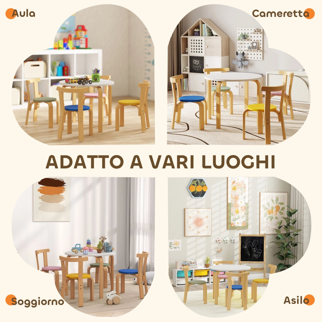 Set Tavolo e Sedie per Bambini 3-8 Anni 5 pz con Bordi Arrotondati in Legno Multicolore