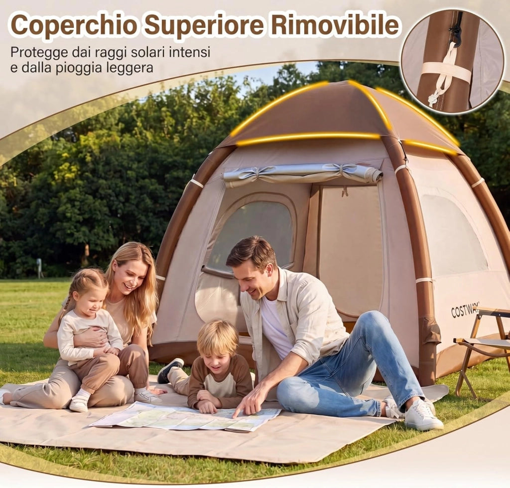 Tenda da Campeggio Gonfiabile per 4 Persone, Tenda da Spiaggia con Poma, 2 Porte, Lucernario e Finestre, in Tessuto Impermeabile, con Copertura Rimovibile e Borsa, 208 x 208 x 196 cm