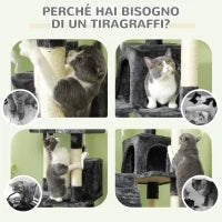 Albero Tiragraffi per Gatti con 3 Posatoi, 2 Casette e Giochi Appesi, in Legno e Peluche, 49x49x173 cm, Grigio