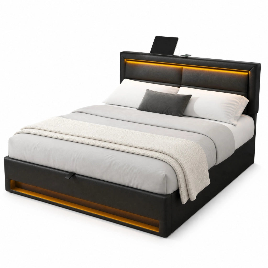 Letto imbottito 140x200 cm con USB, LED e contenitore, PU nero