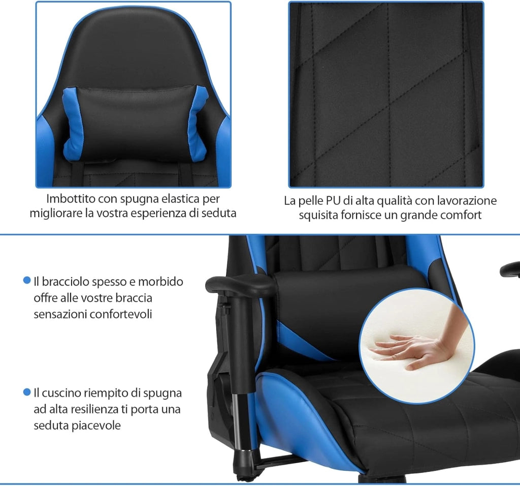 Sedia da Gaming Girevole a 360°, Sedia Ergonomica per Computer per Gaming con Poggiatesta e Cuscino Lombare, Angolo Reclinabile Regolabile (Blu)