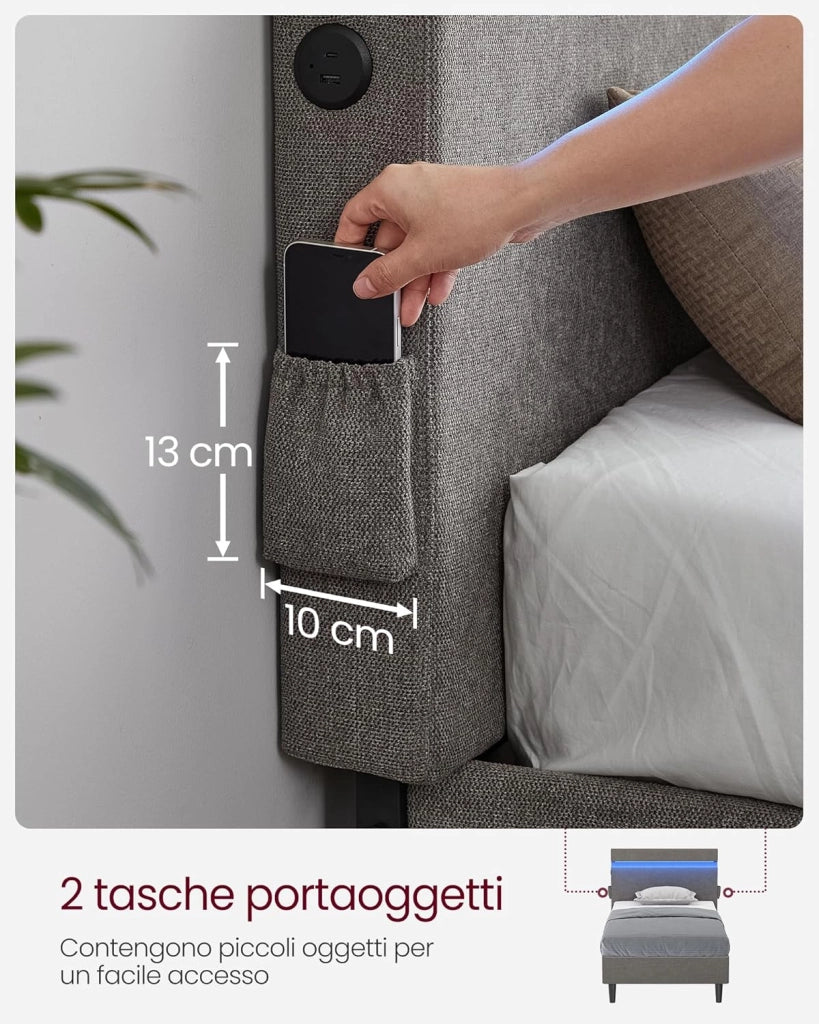 VASAGLE Struttura Letto Matrimoniale in Metallo, 140 x 190 cm, Letto a Doghe con Testiera, con Luci a LED, Porta USB e TYPE-C, Base per Materasso, Moderno, Grigio Scuro RMB802G71