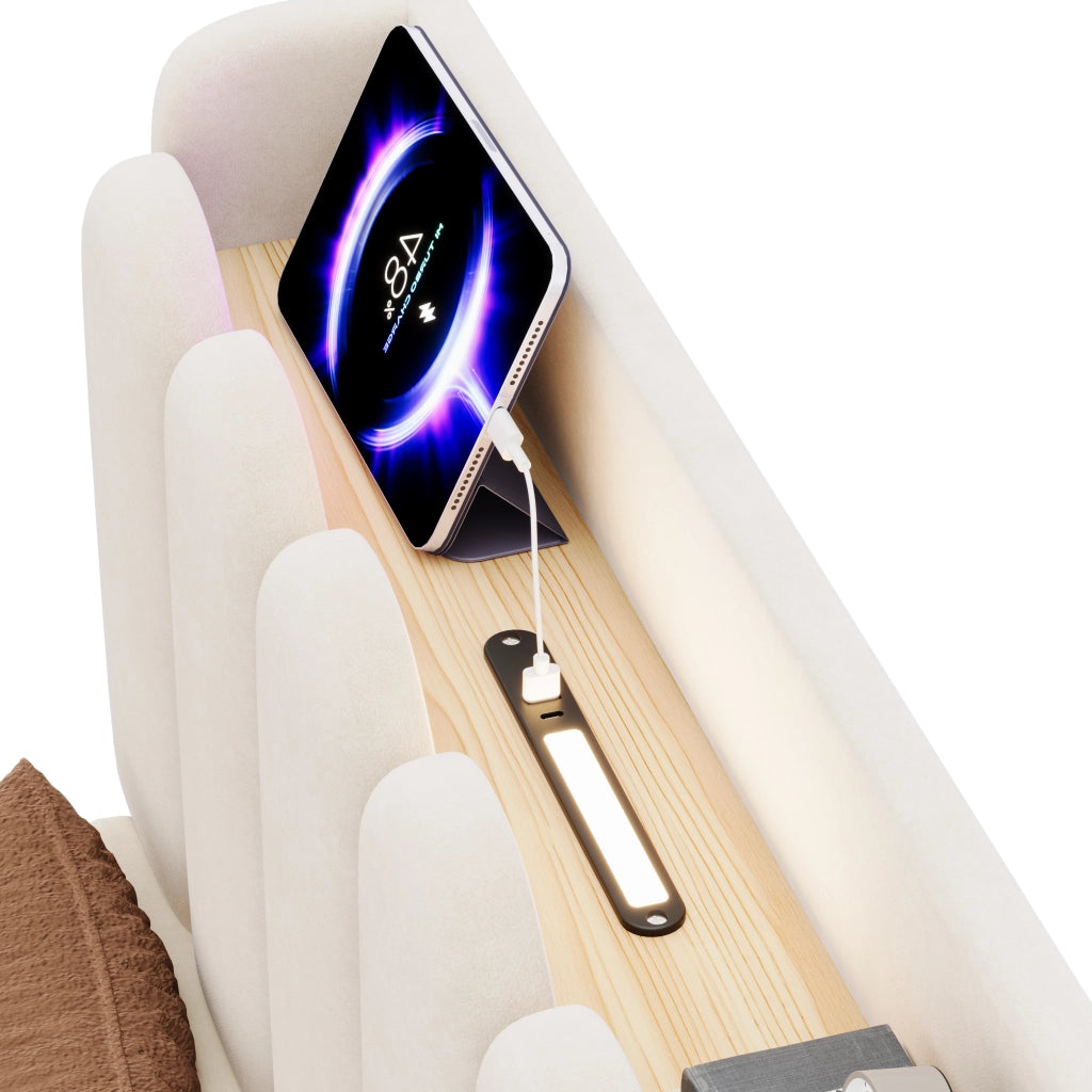 Letto Contenitore per Bambini 90 x 200 cm - USB; Type-C; Lampada e Mensole - Beige