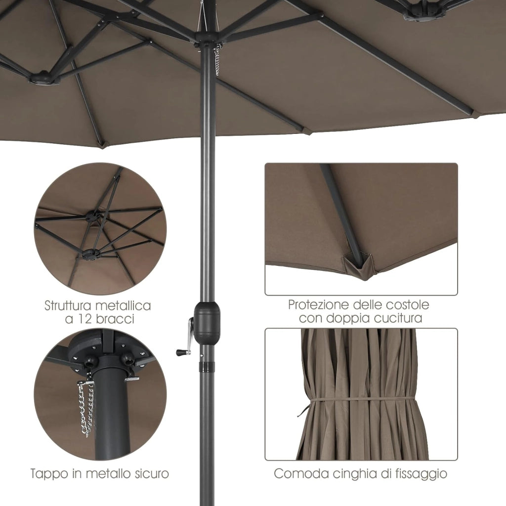 Ombrellone da Giardino Doppio 470 cm, con Manovella e 12 Stecche, Ombrellone Rettangolare Pieghevole, per Giardino Piscina Terrazza, 470 x 280 x 245 cm (Marrone)
