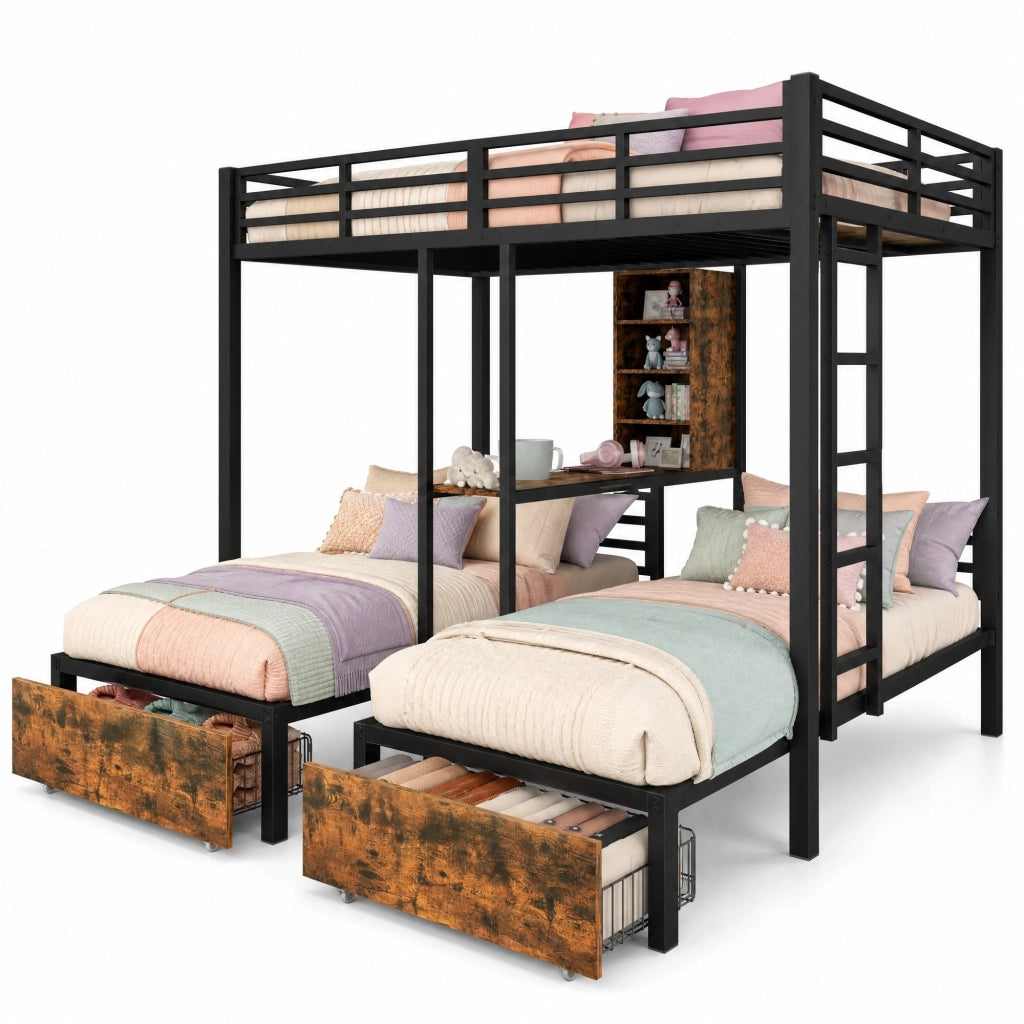 Letto a castello 140x200 cm e 90x200 cm con cassetti in metallo e MDF