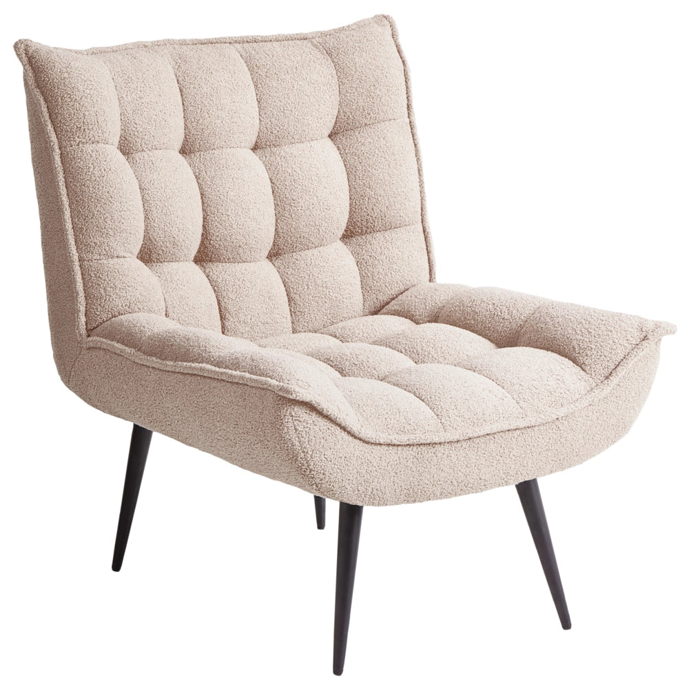 Poltrona beige in bouclé senza braccioli, sedia accentuante da relax, senza braccioli, gambe in ferro nero, per soggiorno o camera da letto, moderna.