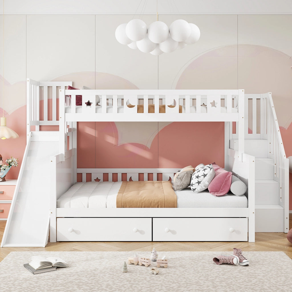 OKWISH Letto a Castello 90×200 cm e 140×200 cm, Letto 3 Posti con Scivolo, Ripiani e 2 Cassetti, senza Materasso, Bianco