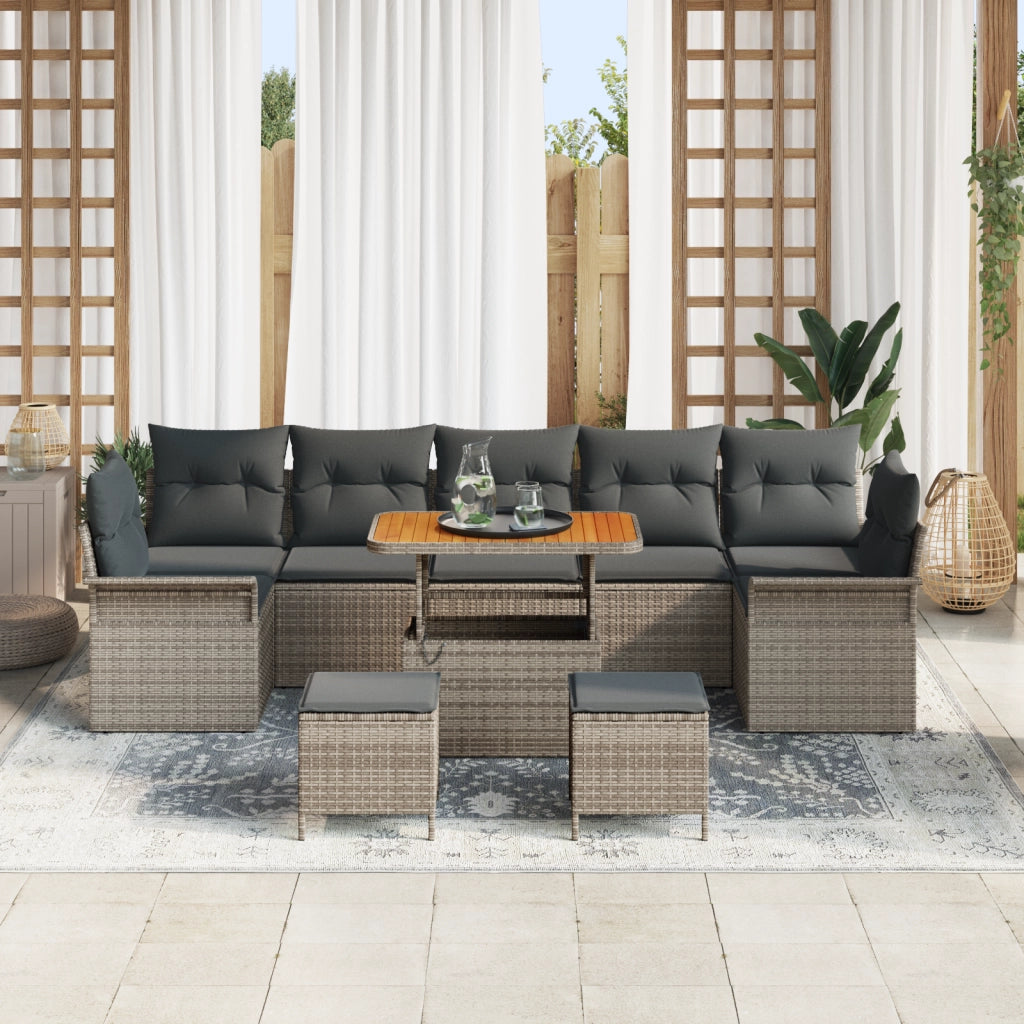 Set da Giardino 10 Pezzi con Cuscini Grigio in Rattan Polietilene Acacia