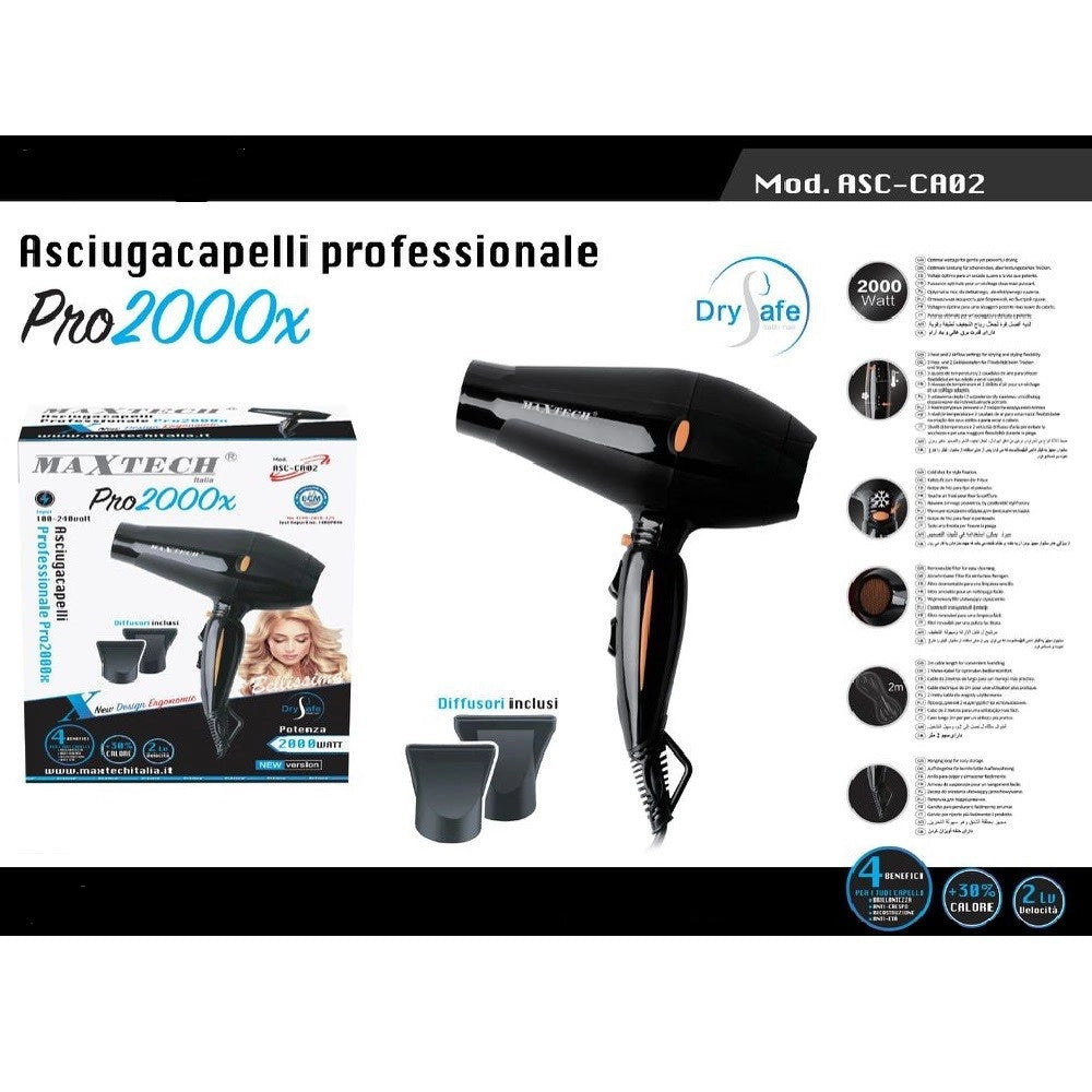 Trade Shop - Asciugacapelli Professionale Phon 2000w Fono 3 Temperature 2 Velocità Piega Asc-ca02 -
