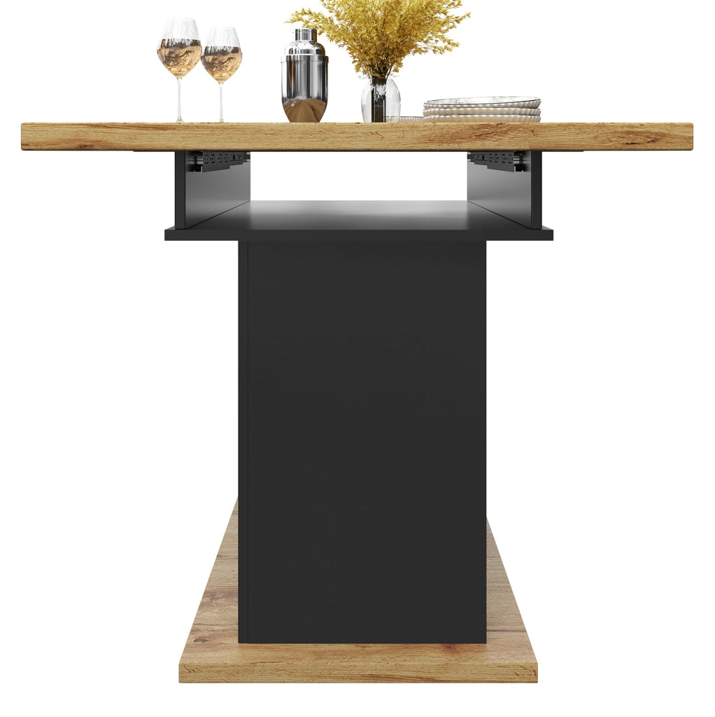 Tavolo da pranzo allungabile 110-140x80x75 cm con vano contenitore; MDF nero e naturale