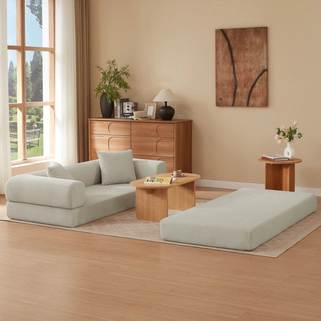 Divano letto modulare in velluto beige con imbottitura in schiuma