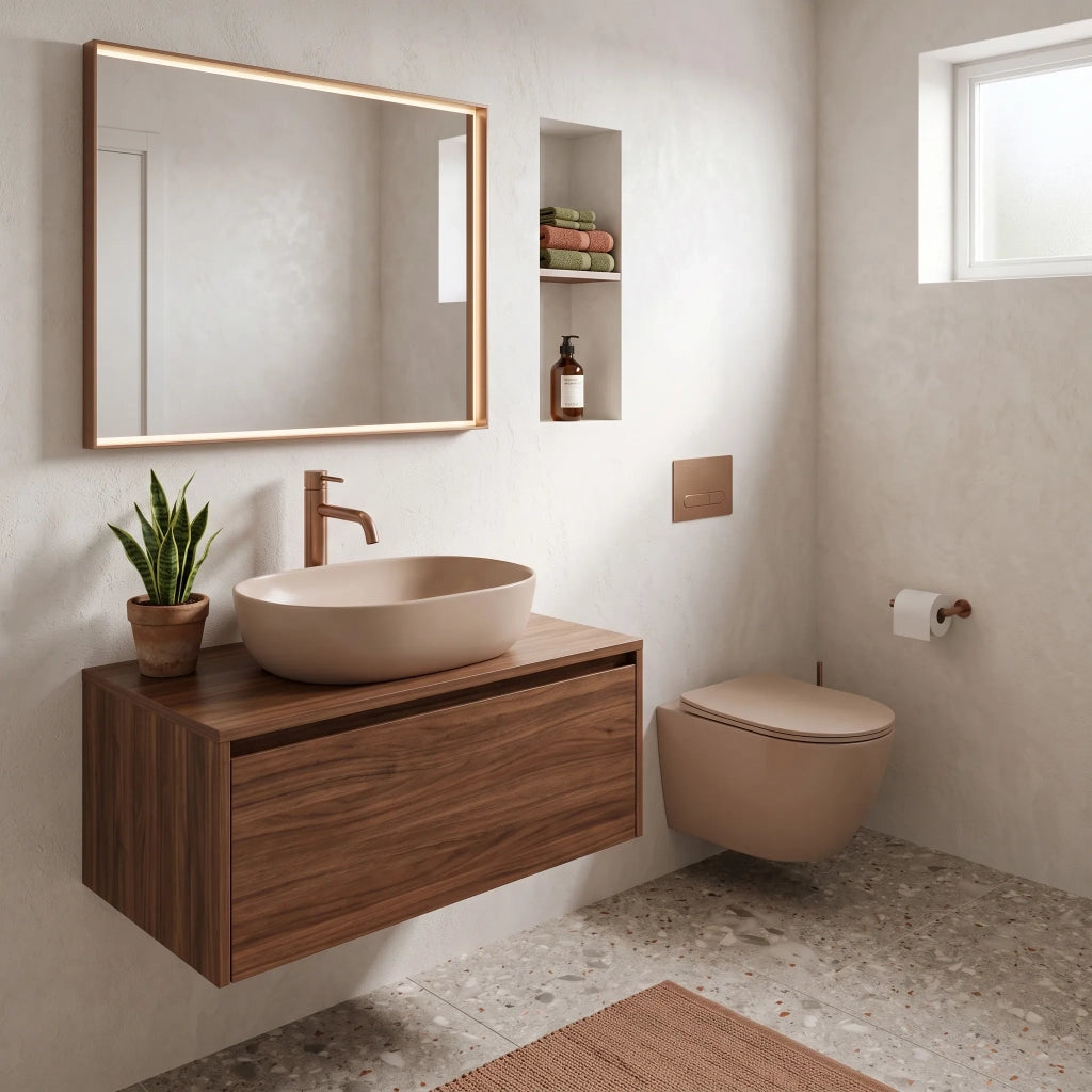 Set Wc Sospeso Focus + Lavabo Da Appoggio Rea Focus Taupe