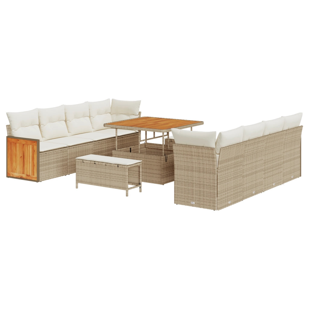 Set da Giardino in 11 Pezzi con Cuscini Beige Polirattan Acacia