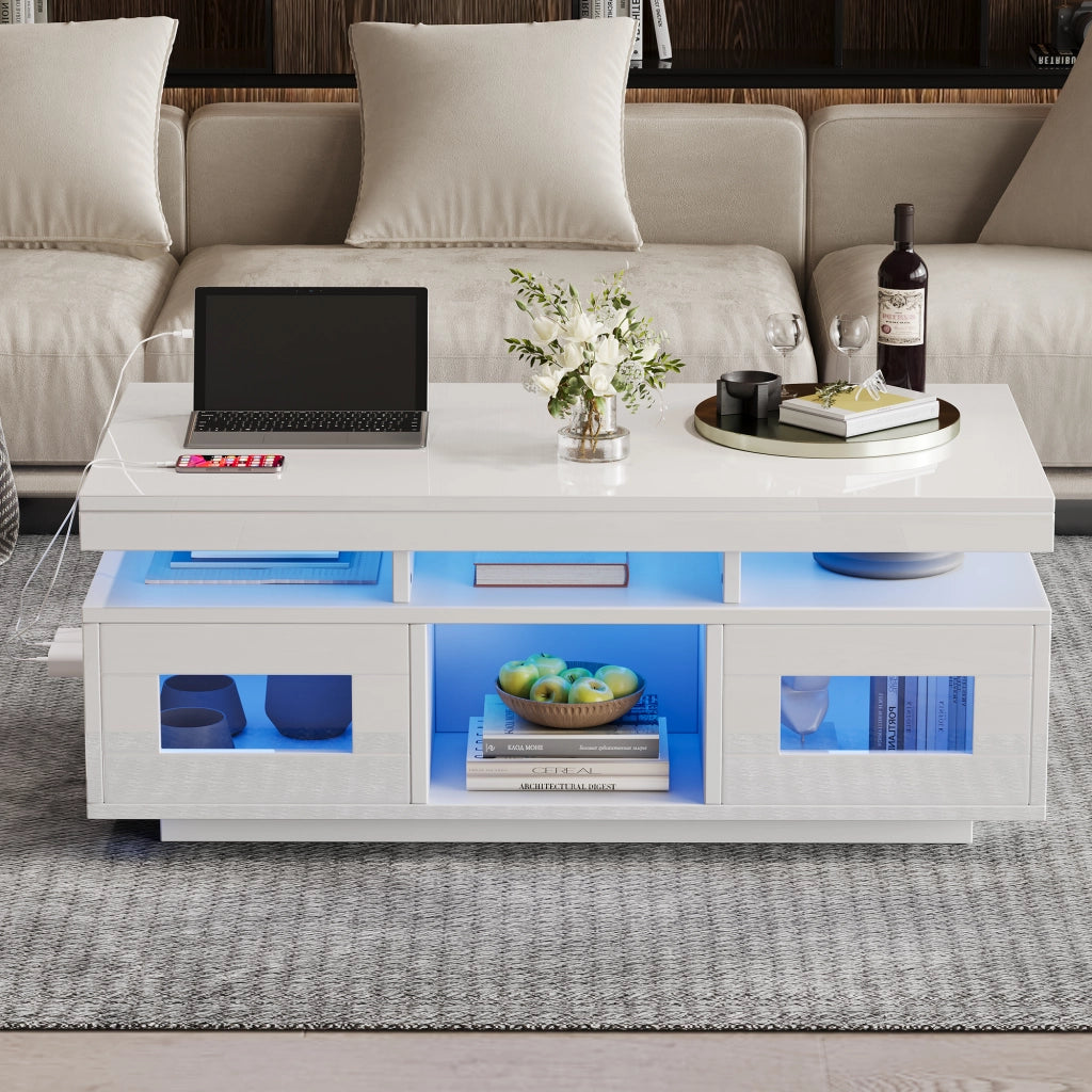 OKWISH Tavolino da Salotto con 2 Ante, 2 Vani e 1 Ripiano, LED e Presa USB, per Soggiorno, Bianco, 100 x 50 x 43 cm