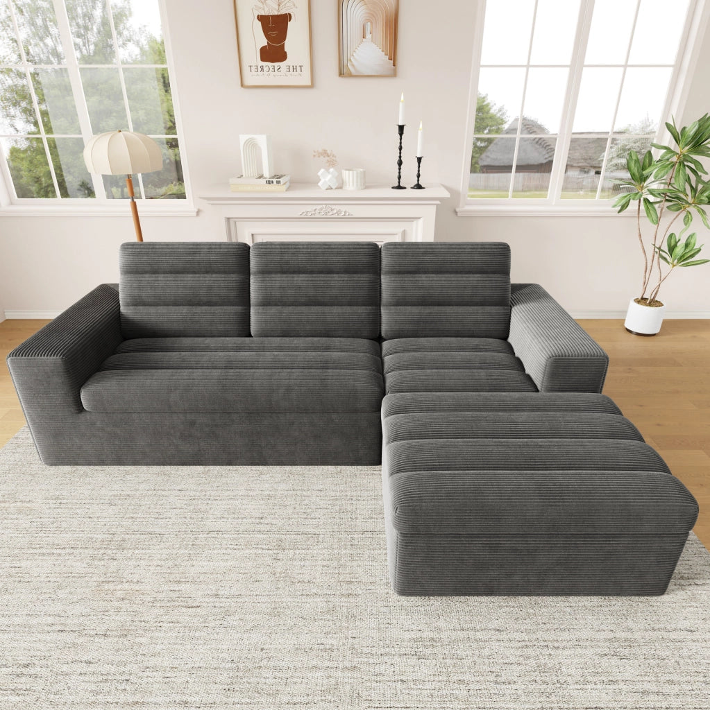 Divano angolare modulare a L 253x161x89 cm in corduroy; grigio scuro