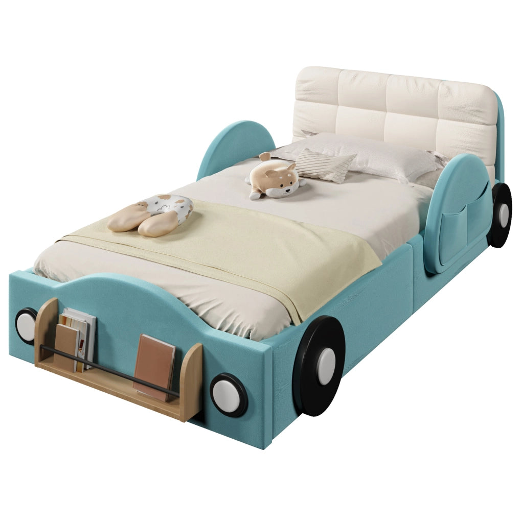 Letto imbottito 90x200 cm con contenitore idraulico; tasche laterali e cuscino grande in flanella blu
