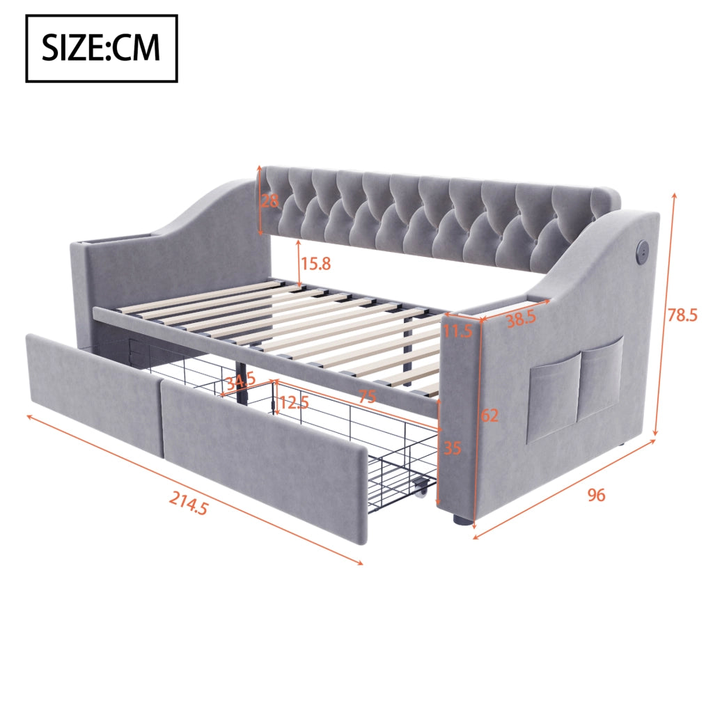 Divano letto imbottito 90x190 cm con USB, cassetti e vani