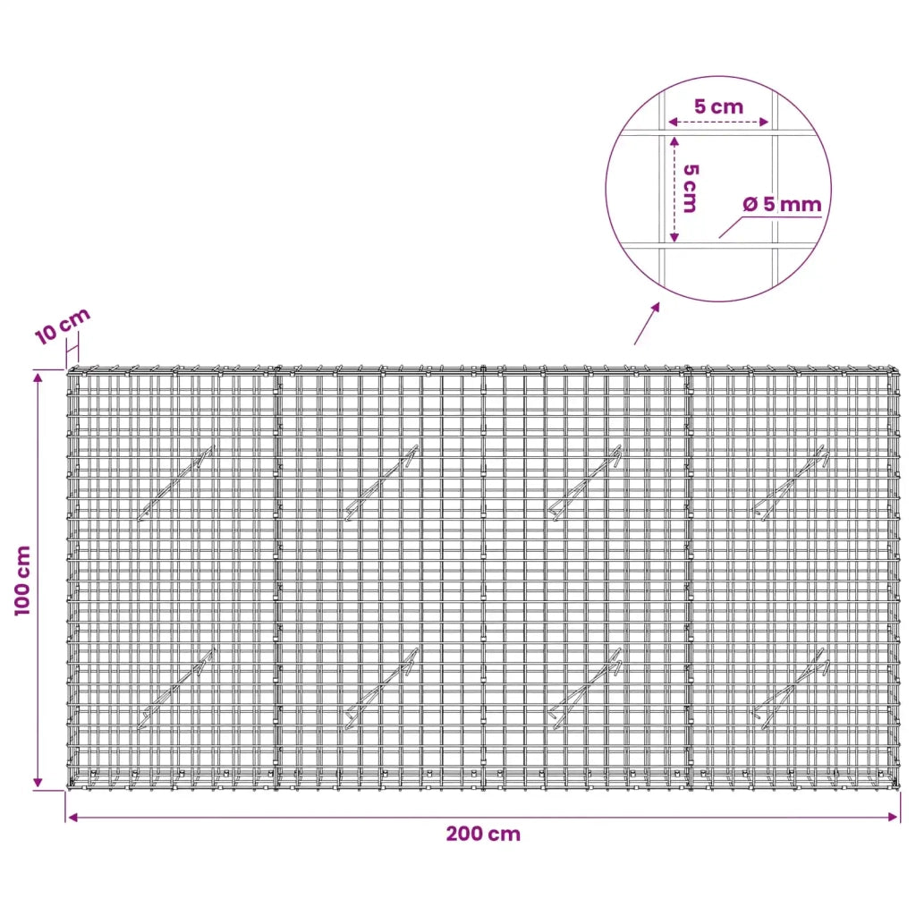 Gabione con filo da 5 mm e rete da 5x5 cm 200x10x100 cm 3463966