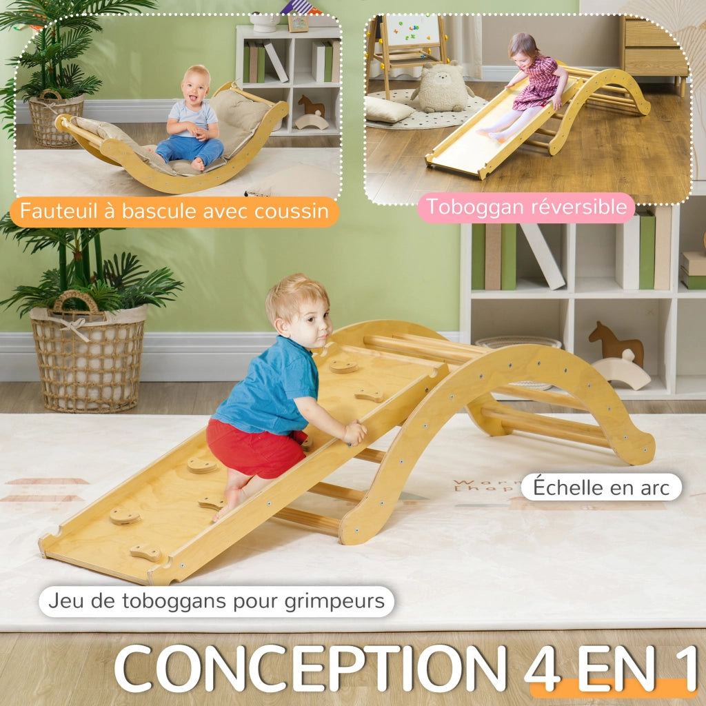 Casetta con scivolo e dondolo per bambini ¨C zephmum ¨C 168x49.5x39.5 cm, legno naturale