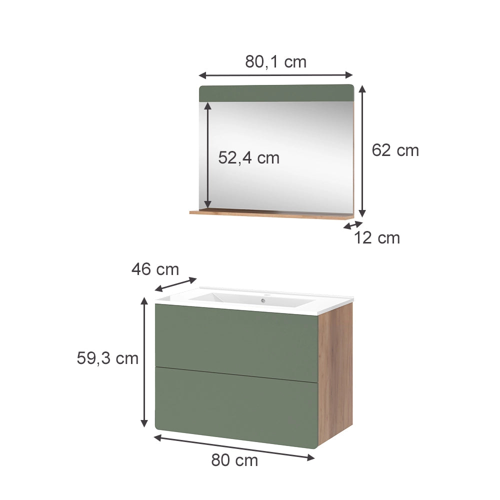 Vicco Set di mobili da bagno Goldkraft rovere/verde 3 parti con specchio