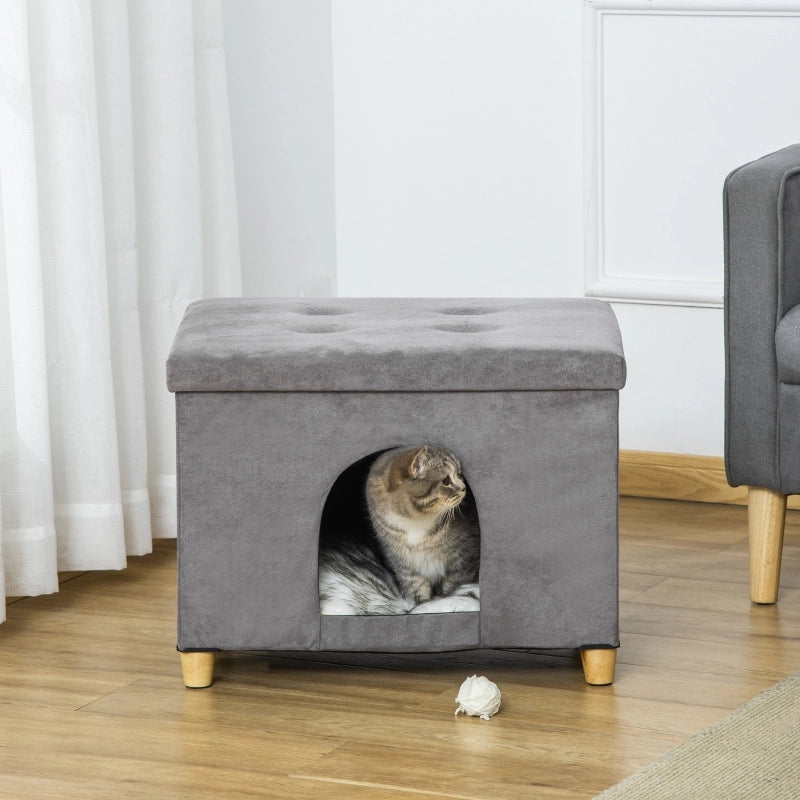 Cuccia per gatti 2 in 1 con funzione pouf, imbottita, MDF, grigio, 60 x 45 x 44,5 cm
