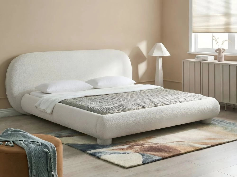 Letto rivestito in bouclé bianco sporco 180 x 200 cm design minimalista retrò camera da letto